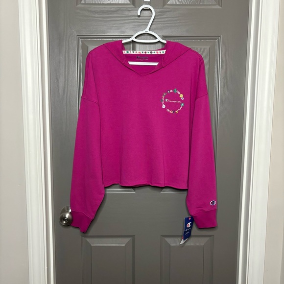 🎄🎁Champion New Cropped Hoodie Floral Script Logo Dark Pink S - Picture 9 of 14